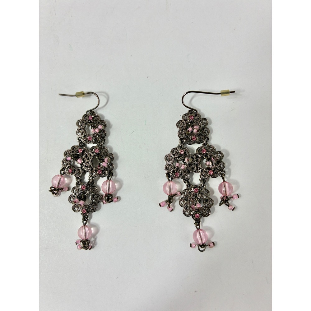 Gunmetal Pink Rhinestone Floral Filigree Chandelier Drop Earrings Boho